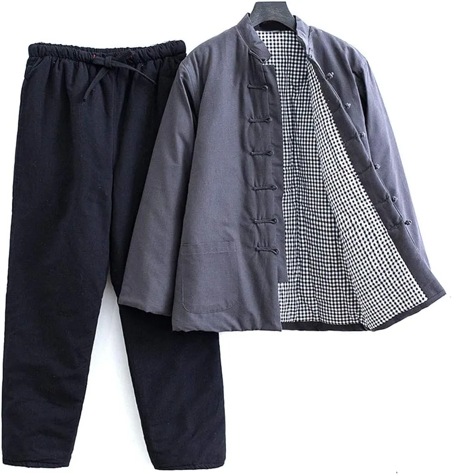 Winter Tai Chi Uniform Men Cotton Padded Tang Suit Jacket Warm Coat Thicken Chinese Long Sleeve Pants grey1-XXXL
