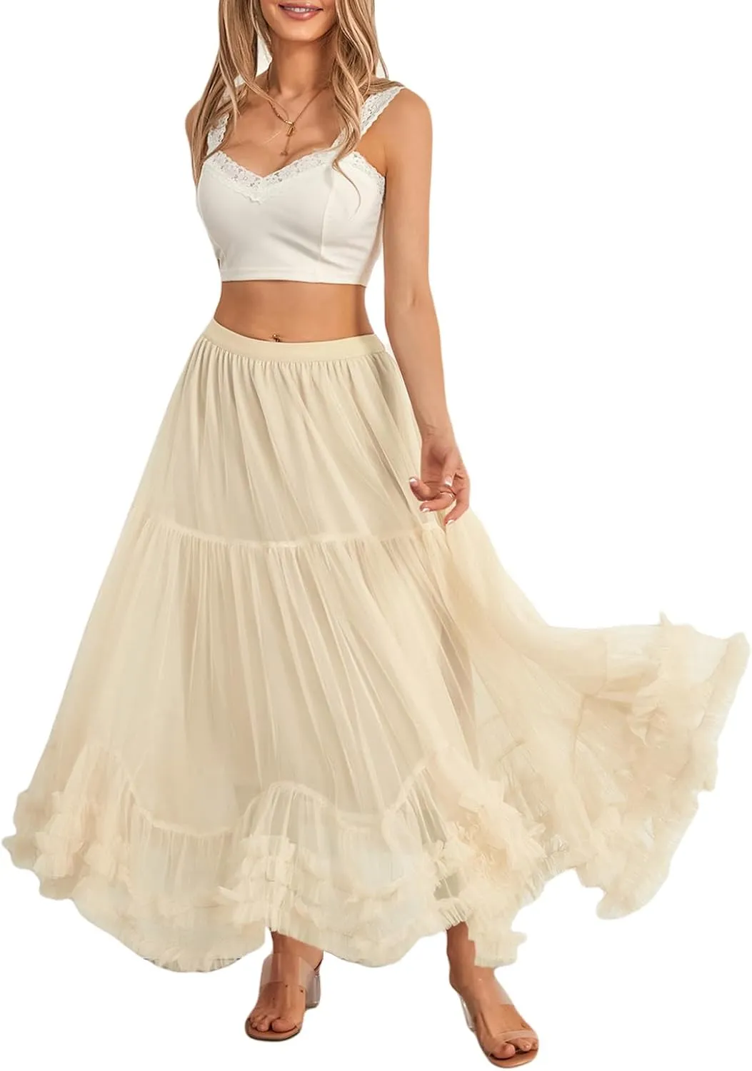 Woman Summer Solid Color Tulle Skirt Elastic Waist A-Line Ruffled Maxi Skirt Flowy Layered Lace Hem Long Skirt