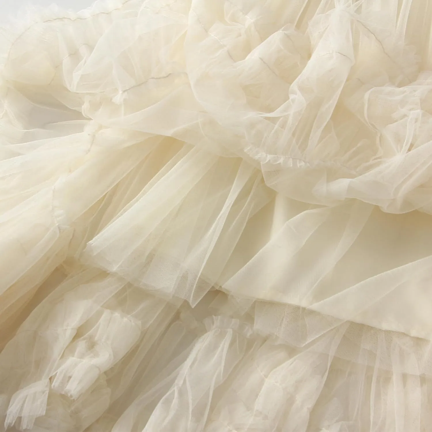 Woman Summer Solid Color Tulle Skirt Elastic Waist A-Line Ruffled Maxi Skirt Flowy Layered Lace Hem Long Skirt
