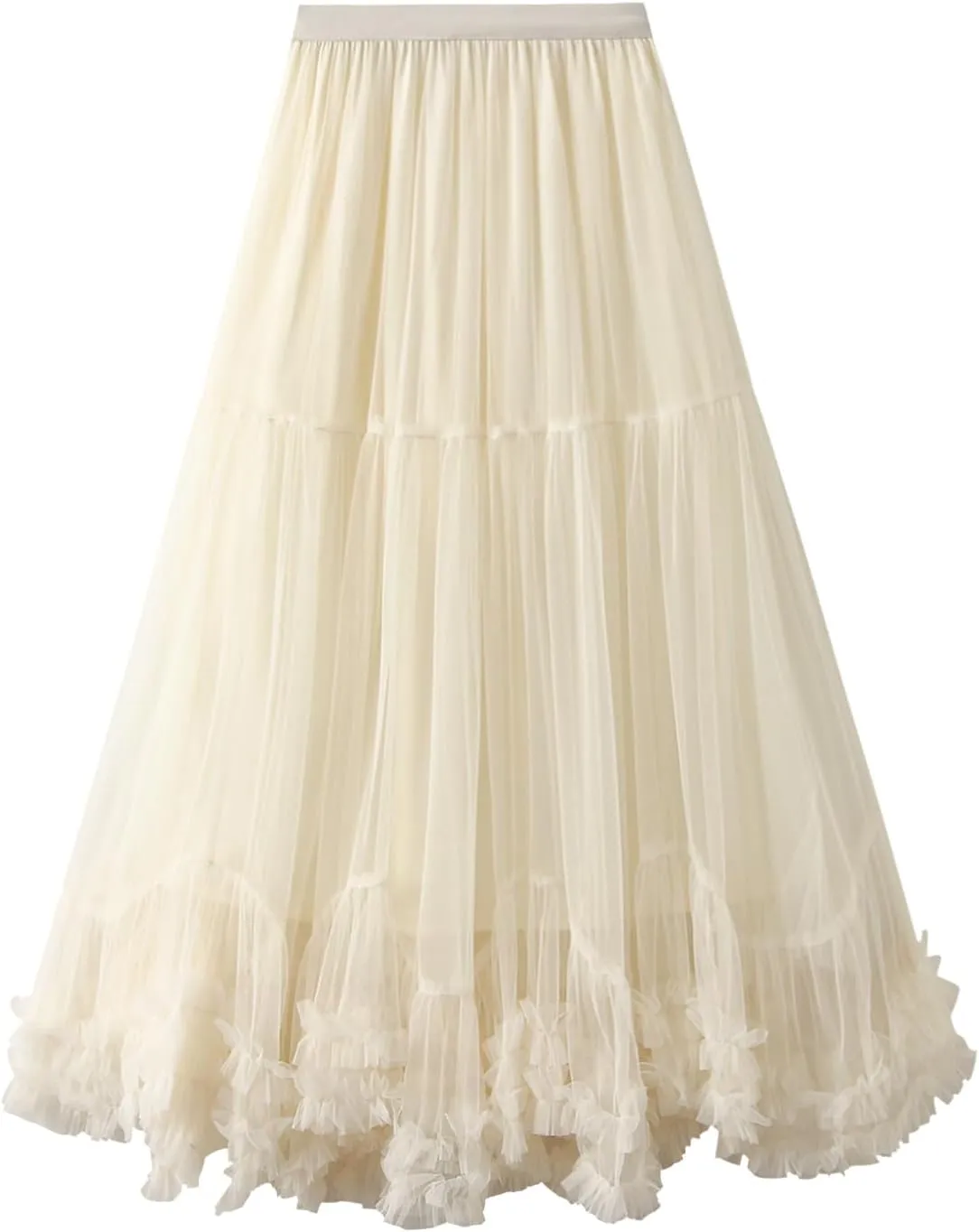Woman Summer Solid Color Tulle Skirt Elastic Waist A-Line Ruffled Maxi Skirt Flowy Layered Lace Hem Long Skirt