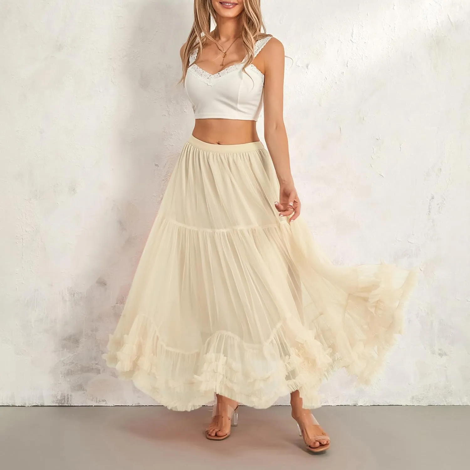 Woman Summer Solid Color Tulle Skirt Elastic Waist A-Line Ruffled Maxi Skirt Flowy Layered Lace Hem Long Skirt