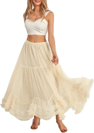 Woman Summer Solid Color Tulle Skirt Elastic Waist A-Line Ruffled Maxi Skirt Flowy Layered Lace Hem Long Skirt