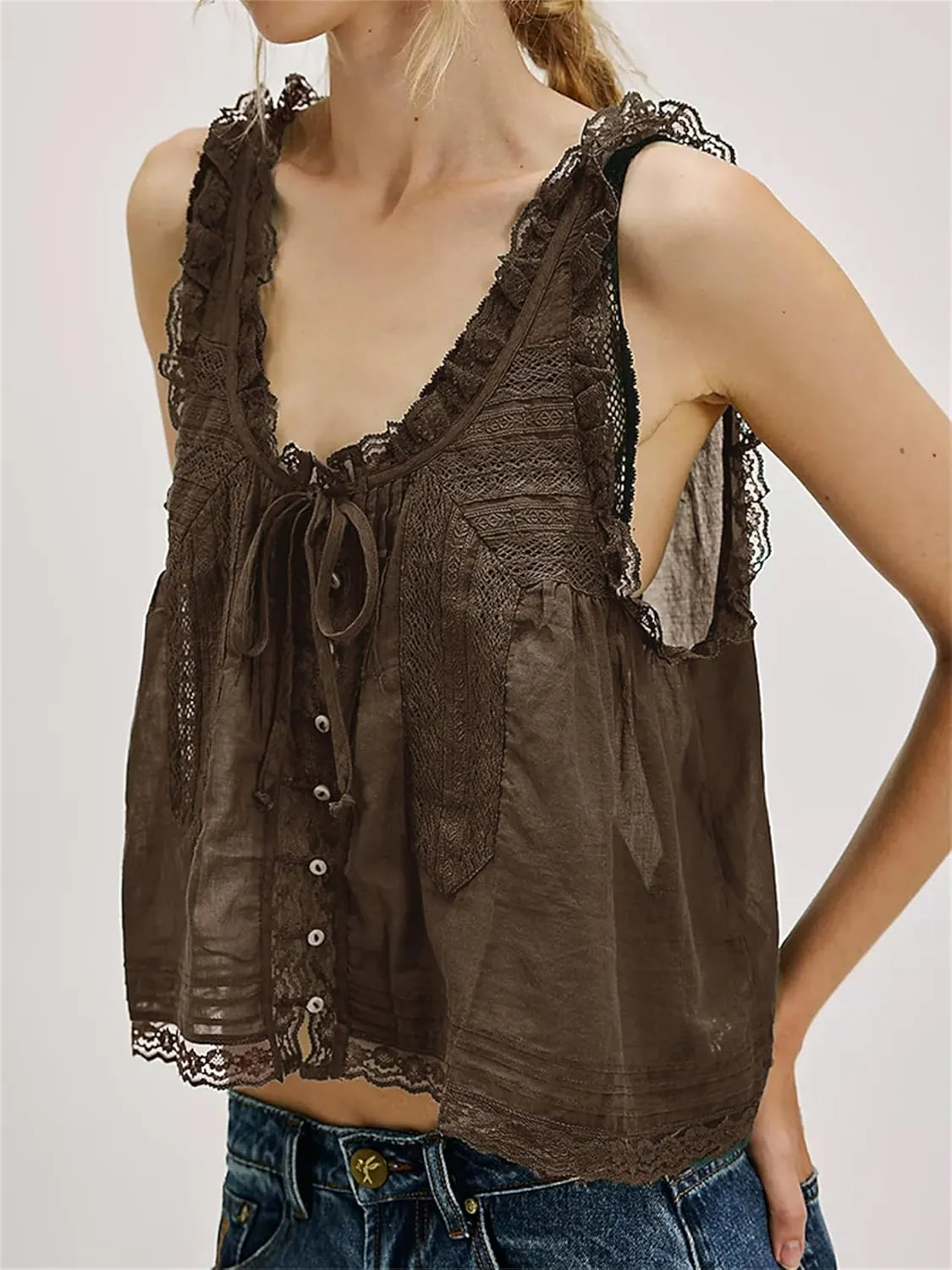 Women Fairycore Boho Ruffle Trim Peplum Camisole Cute Tie Front Button Down Sleeveless Flowy Sheer Cardigan Tank Top