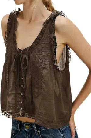 Women Fairycore Boho Ruffle Trim Peplum Camisole Cute Tie Front Button Down Sleeveless Flowy Sheer Cardigan Tank Top