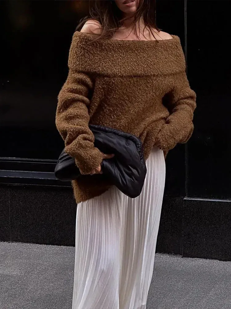 Women Wool Off Strapless Knitted Solid Pullover Fashion Long Sleeves Sweater