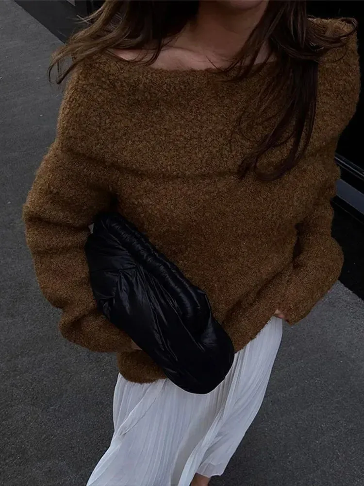 Women Wool Off Strapless Knitted Solid Pullover Fashion Long Sleeves Sweater