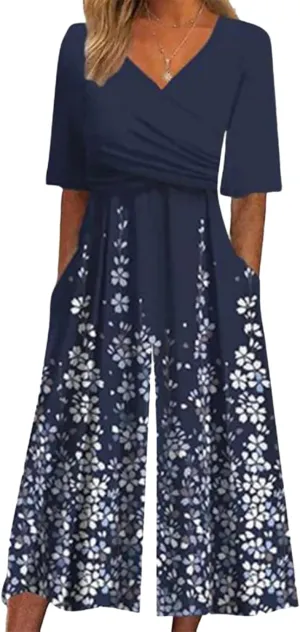 Women's Black Jumpsuits 2025 Spring Outfits Half Sleeve Elegant V Neck and Wide Leg Pants Rompers with Side Pockets