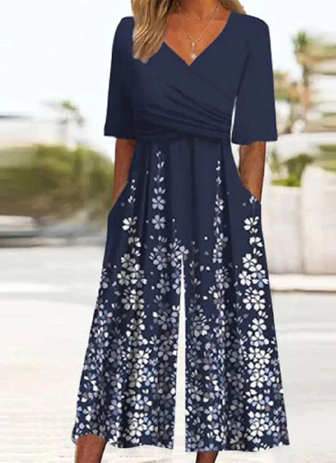 Women's Black Jumpsuits 2025 Spring Outfits Half Sleeve Elegant V Neck and Wide Leg Pants Rompers with Side Pockets