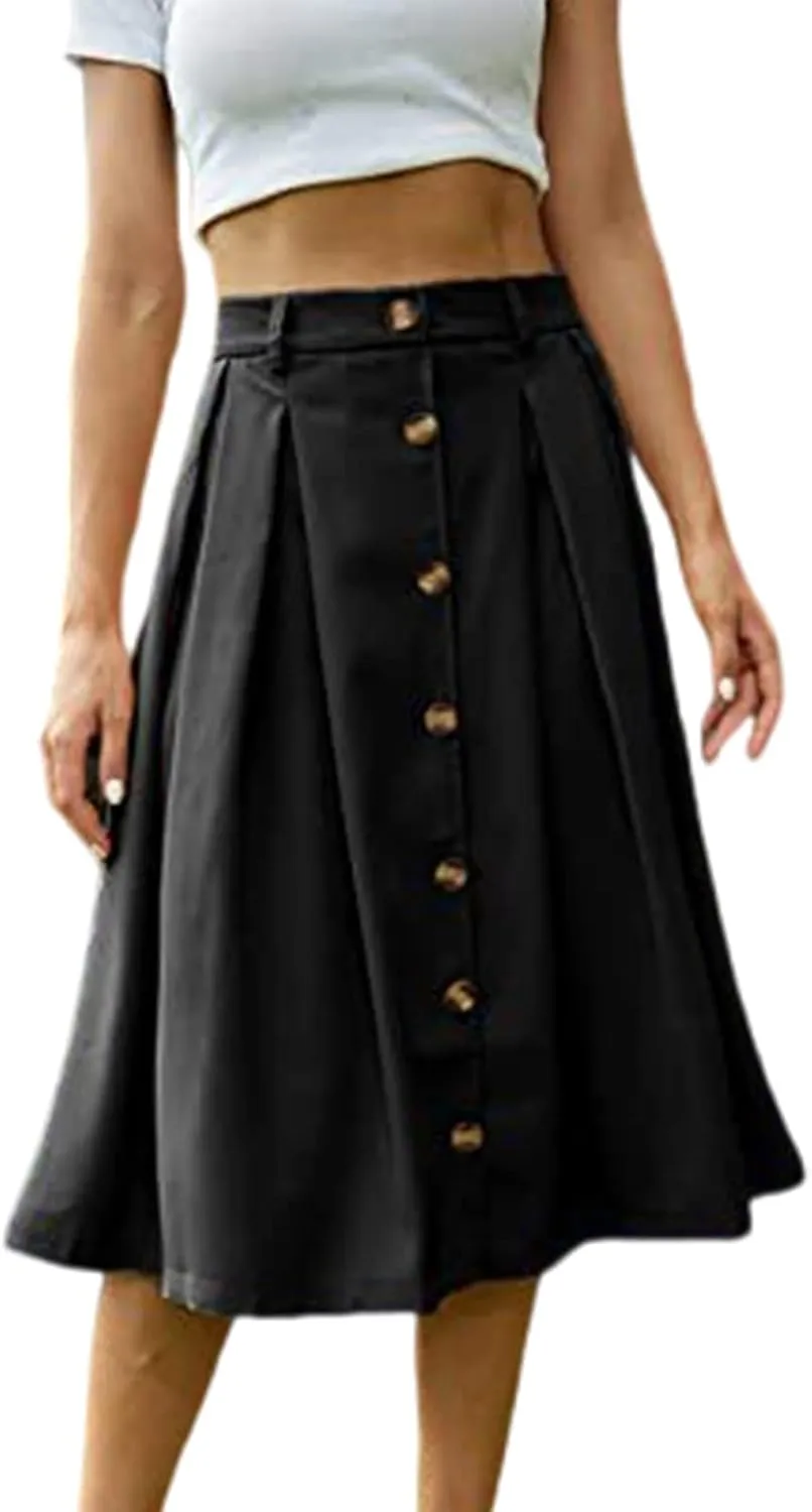 Women's Casual Button Down Midi Skirts Spring Summer High Waist A Line Knee Length Flowy Flared Pleated Skirts S-2XL