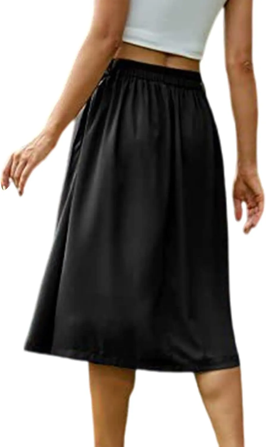 Women's Casual Button Down Midi Skirts Spring Summer High Waist A Line Knee Length Flowy Flared Pleated Skirts S-2XL