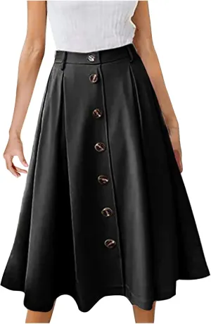 Women's Casual Button Down Midi Skirts Spring Summer High Waist A Line Knee Length Flowy Flared Pleated Skirts S-2XL