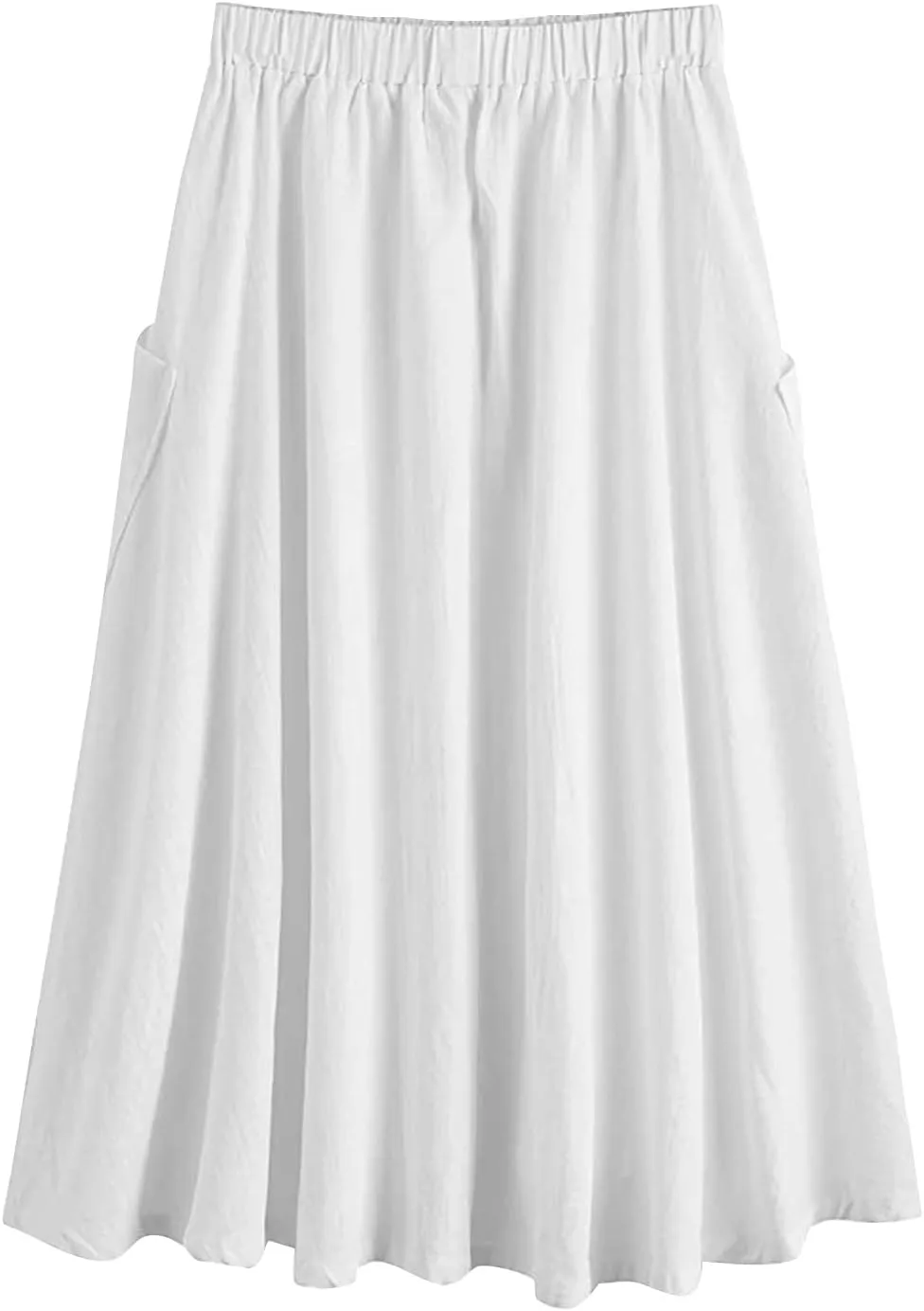 Women's Casual High Waist Pleated A Line Midi Skirt with Pocket Drawstring Elastic Waist Cotton Linen Skirts
