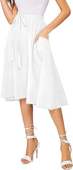Women's Casual High Waist Pleated A Line Midi Skirt with Pocket Drawstring Elastic Waist Cotton Linen Skirts