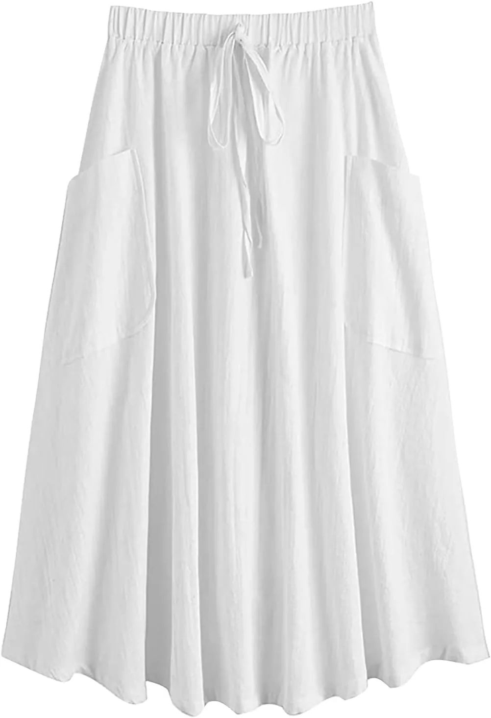 Women's Casual High Waist Pleated A Line Midi Skirt with Pocket Drawstring Elastic Waist Cotton Linen Skirts