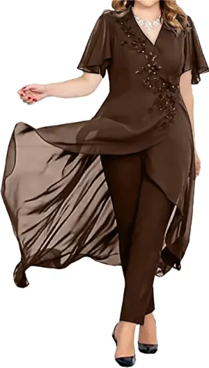 Women's Chiffon Mother of The Bride Dress 2 Pieces Pants Suits V Neck Mother of Groom Pantsuits for Wedding