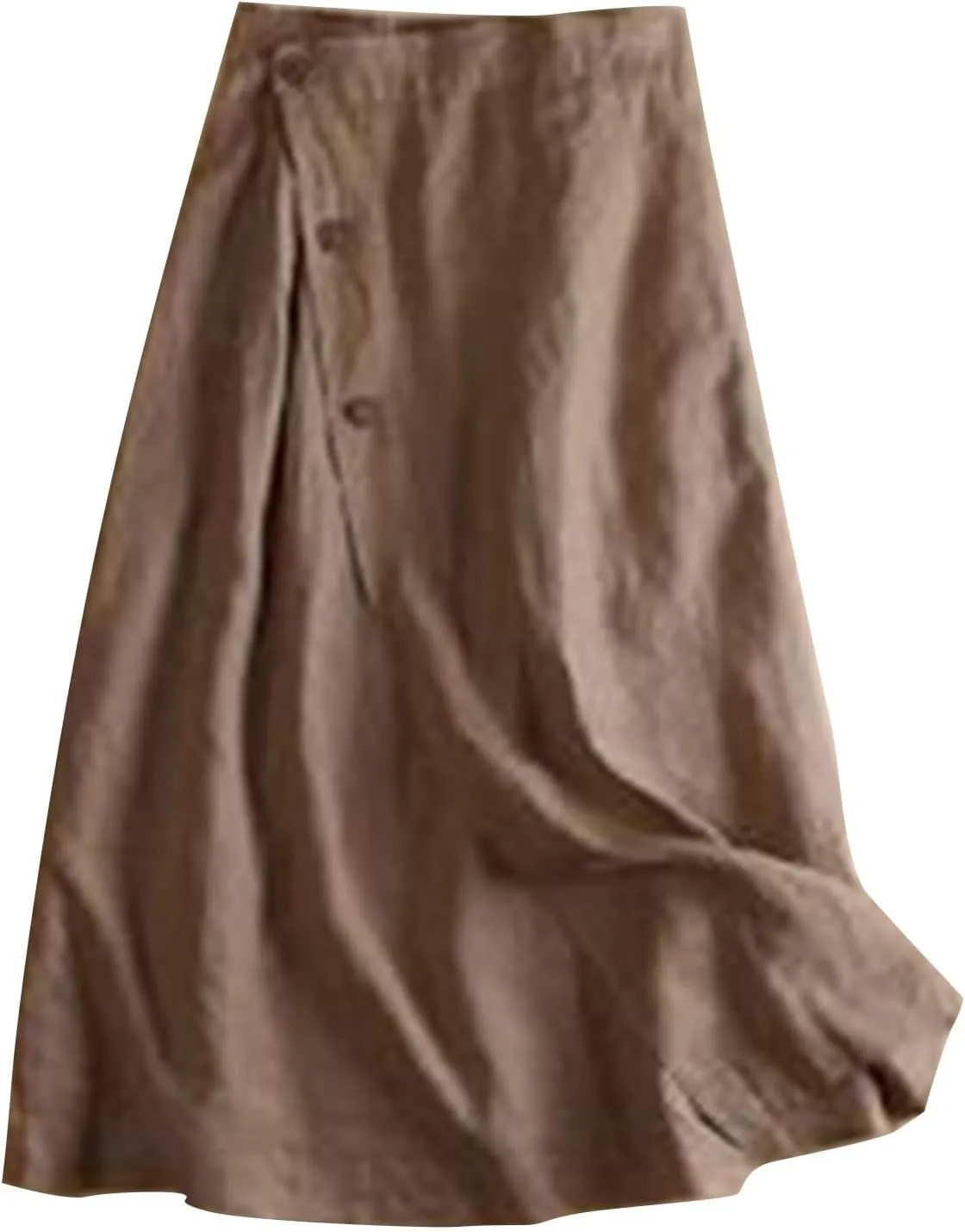 Womens Cotton Linen Skirts Elastic High Waist Front Button Swing A Line Midi Skirt Casual Summer Soft Beach Skorts