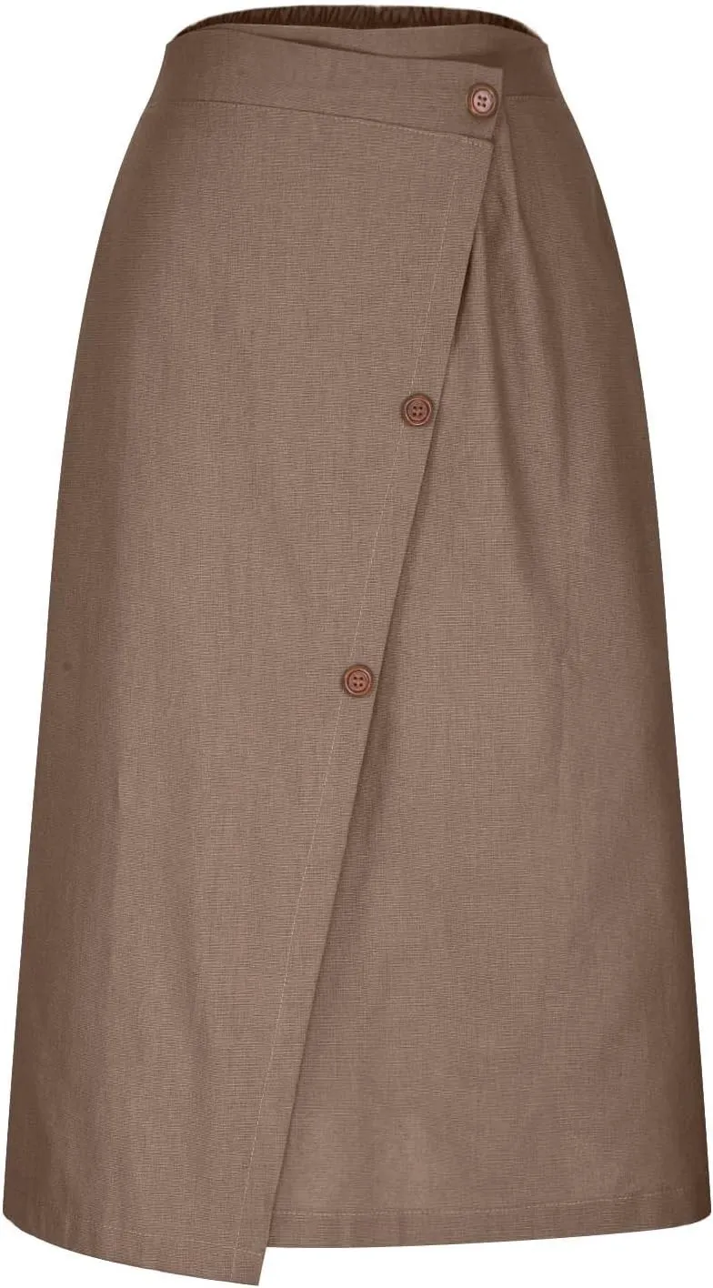 Womens Cotton Linen Skirts Elastic High Waist Front Button Swing A Line Midi Skirt Casual Summer Soft Beach Skorts