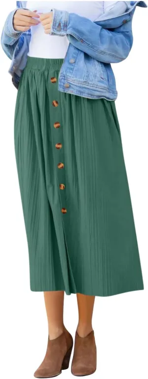Women's Elastic High Waist Pleated A-Line Midi Skirts Dressy Casual Trendy Button Down Business Work Long Skirt