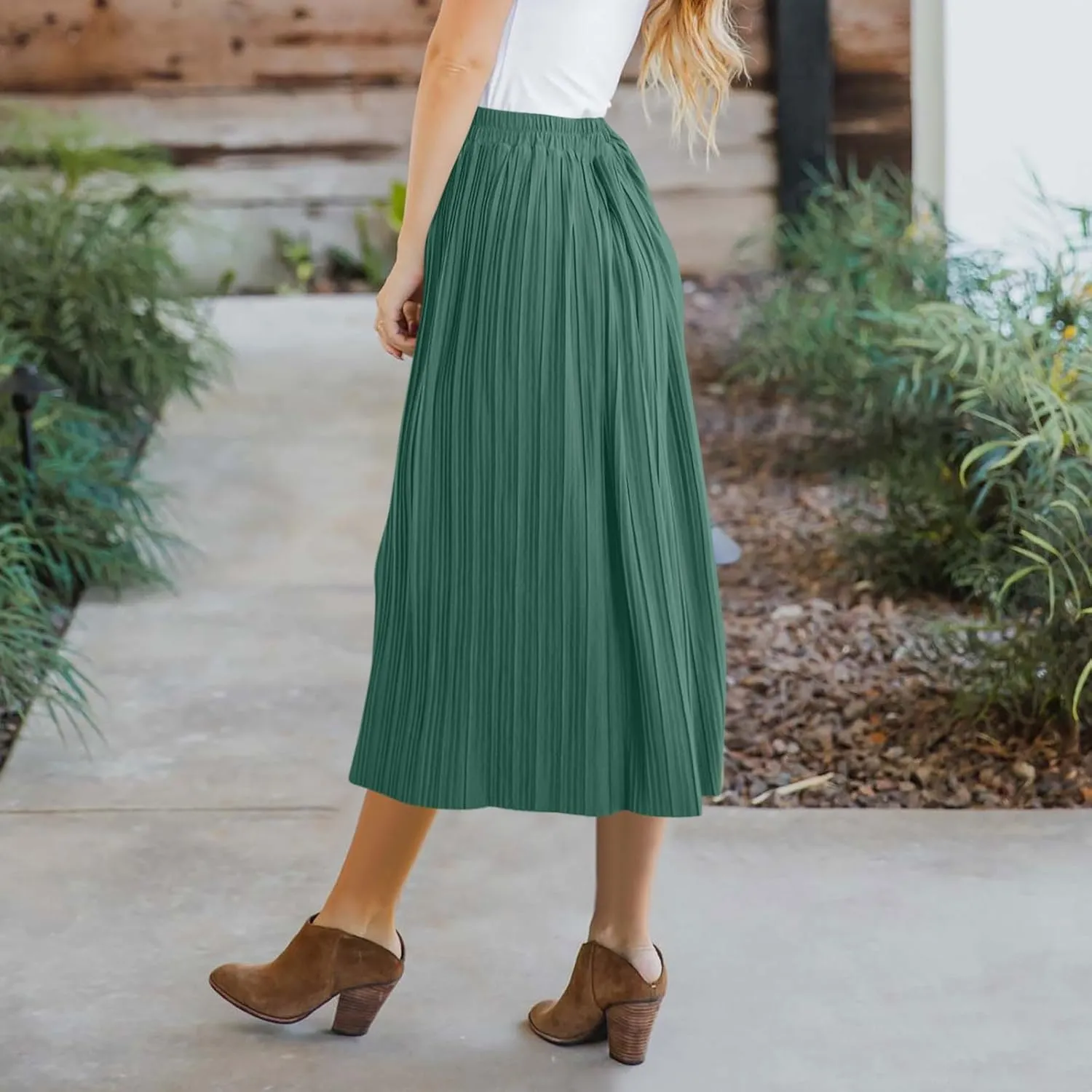 Women's Elastic High Waist Pleated A-Line Midi Skirts Dressy Casual Trendy Button Down Business Work Long Skirt