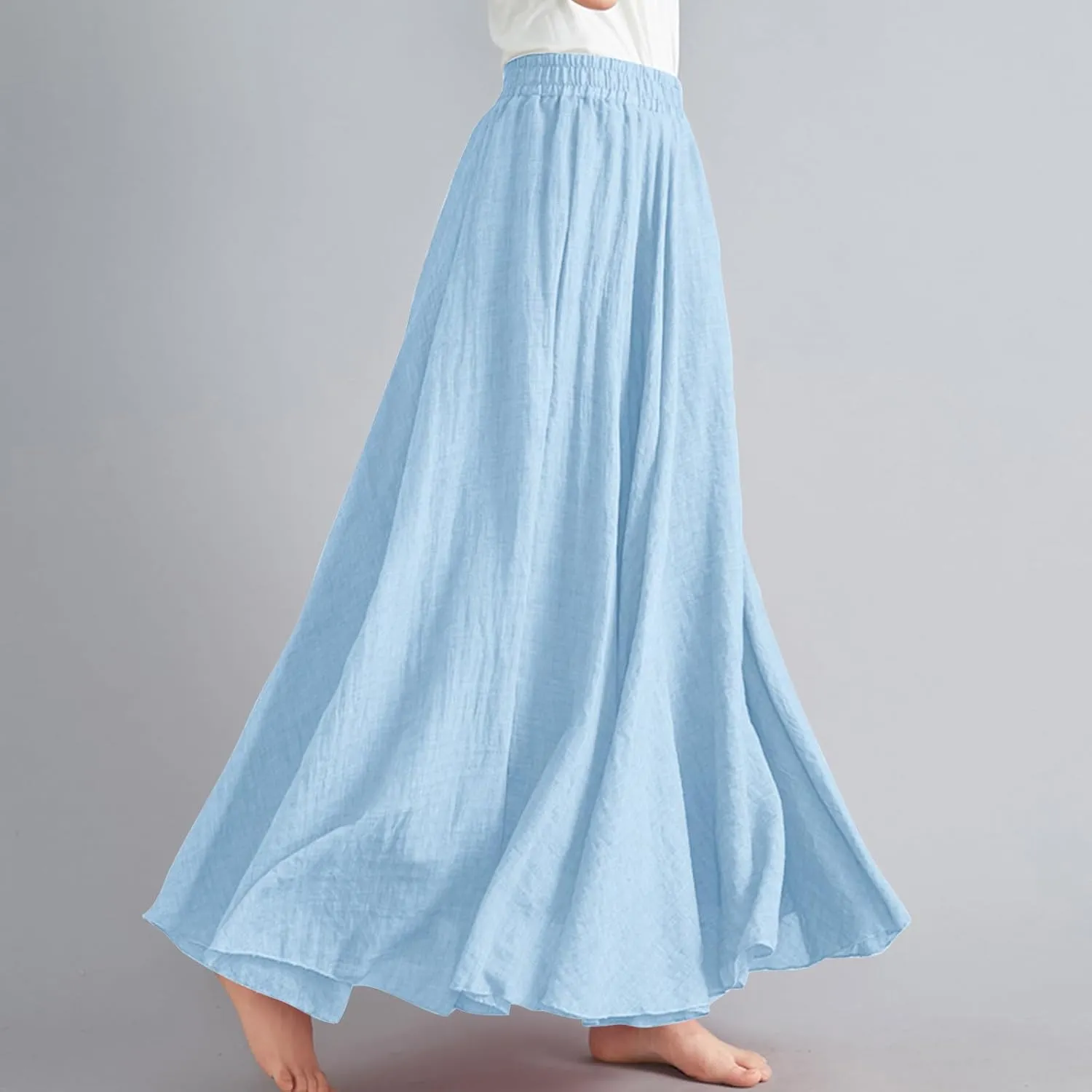 Women's Flowy Linen Maxi Skirt Summer Pleated High Waisted Casual Long Skirts Solid A-Line Beach Skirt for Going Out
