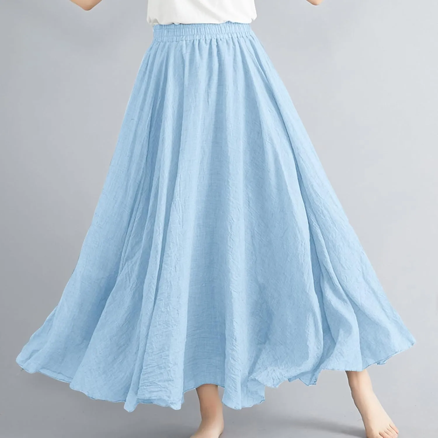 Women's Flowy Linen Maxi Skirt Summer Pleated High Waisted Casual Long Skirts Solid A-Line Beach Skirt for Going Out