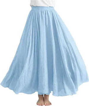 Women's Flowy Linen Maxi Skirt Summer Pleated High Waisted Casual Long Skirts Solid A-Line Beach Skirt for Going Out