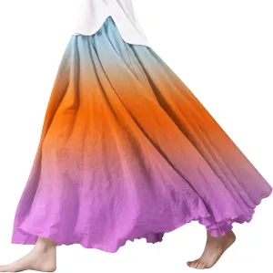 Womens Linen Maxi Skirts Summer Boho Beach Dresses Solid Elastic High Waist Pleated Skirts A-Line Flowy Swing Skirt