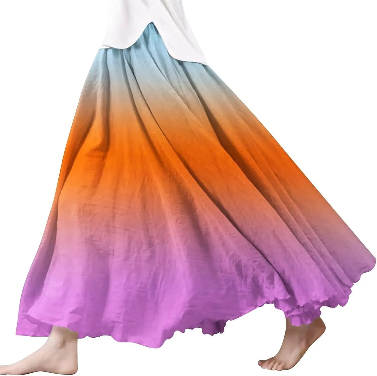 Womens Linen Maxi Skirts Summer Boho Beach Dresses Solid Elastic High Waist Pleated Skirts A-Line Flowy Swing Skirt