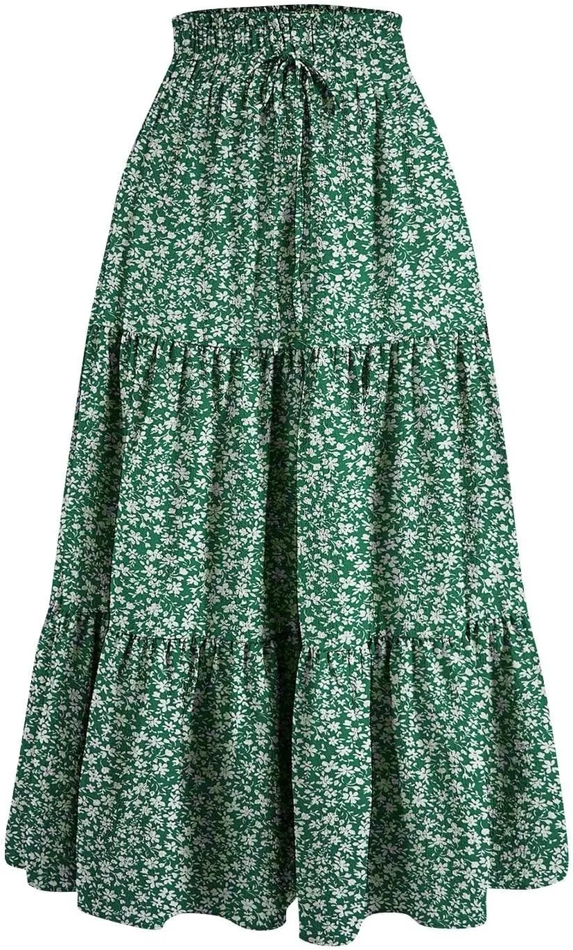 Women's Maxi Skirt 2025 Casual Loose Trendy Elastic Waist Floral Print Bohemian Sun A-Line Beach Skirts, S-XL