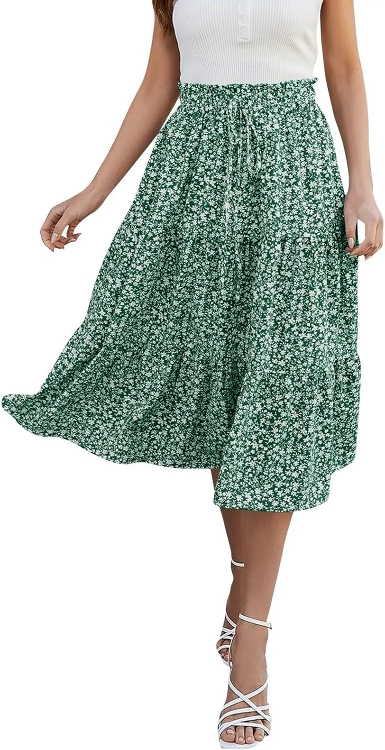 Women's Maxi Skirt 2025 Casual Loose Trendy Elastic Waist Floral Print Bohemian Sun A-Line Beach Skirts, S-XL