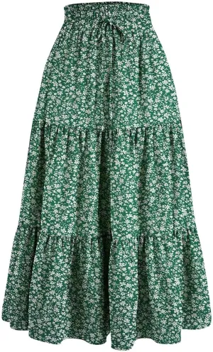 Women's Maxi Skirt 2025 Casual Loose Trendy Elastic Waist Floral Print Bohemian Sun A-Line Beach Skirts, S-XL