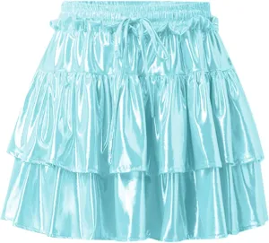 Womens Metallic Skirt Shiny Flared Pleated Skirt Layered Ruffle Hem Mini Skirt Halloween Christmas Rave Midi Skirt