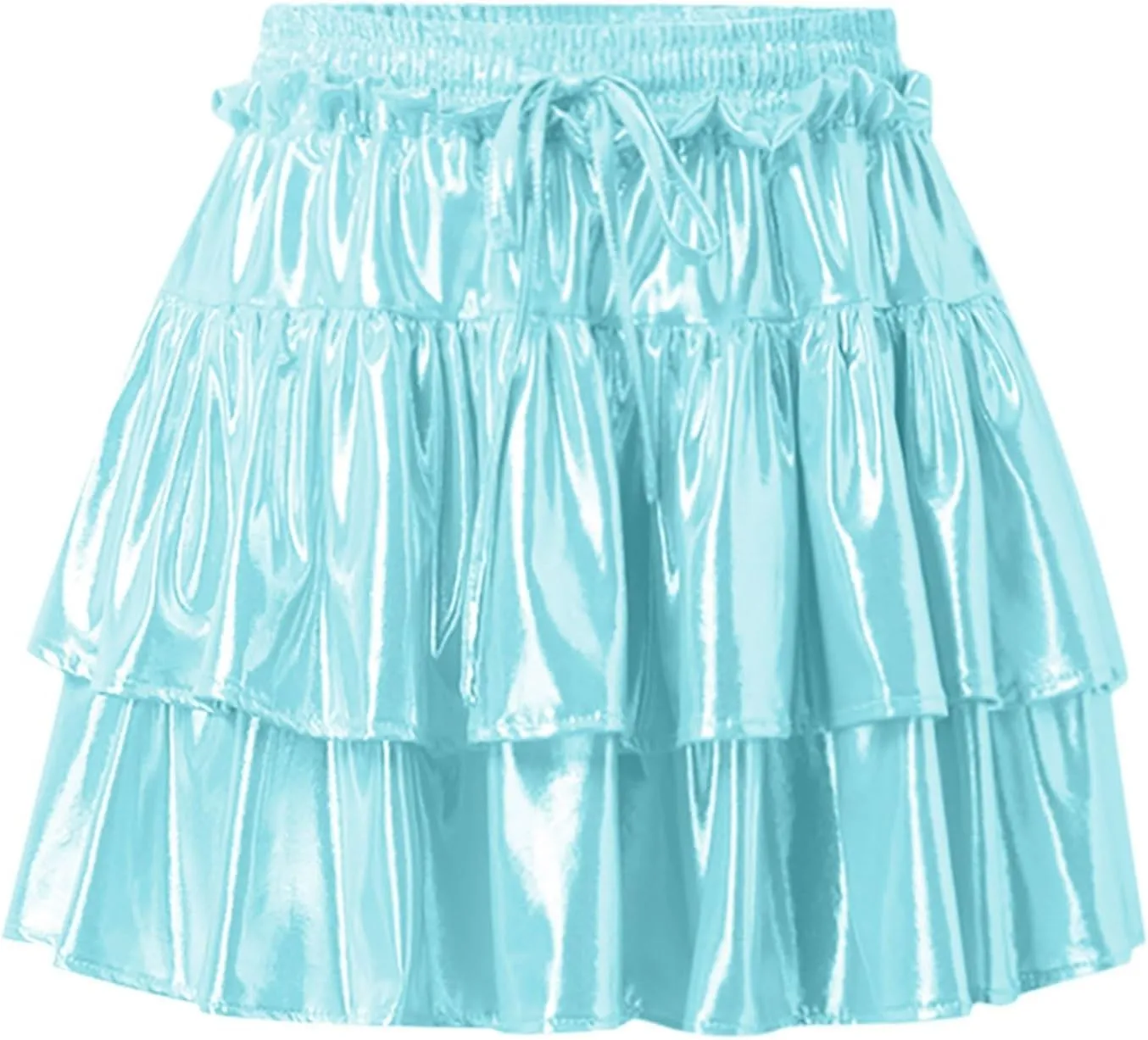 Womens Metallic Skirt Shiny Flared Pleated Skirt Layered Ruffle Hem Mini Skirt Halloween Christmas Rave Midi Skirt