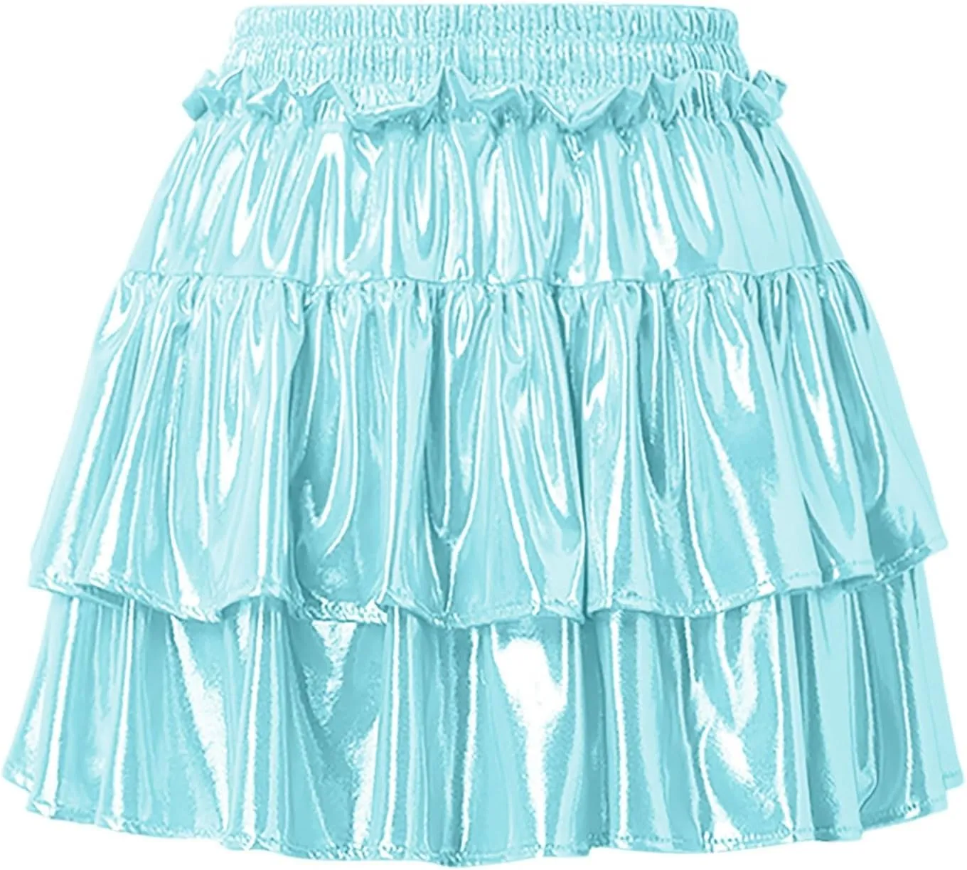 Womens Metallic Skirt Shiny Flared Pleated Skirt Layered Ruffle Hem Mini Skirt Halloween Christmas Rave Midi Skirt