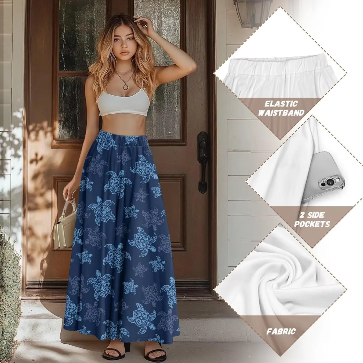 Women's Novelty Skirts Elastic High Waist Pleated A-Line Maxi Skirts Womens Flowy Long Skirts Plus Size S-XXL