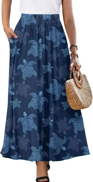 Women's Novelty Skirts Elastic High Waist Pleated A-Line Maxi Skirts Womens Flowy Long Skirts Plus Size S-XXL