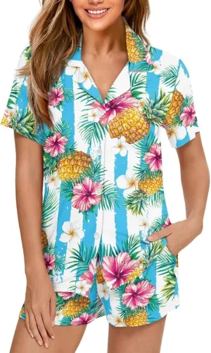 Womens Pajama Sets 2 Piece Notch Collar Print Sleepwear Short Sleeve Top with Matching Shorts Lounge Sets