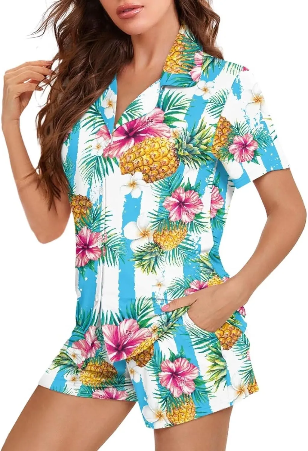 Womens Pajama Sets 2 Piece Notch Collar Print Sleepwear Short Sleeve Top with Matching Shorts Lounge Sets