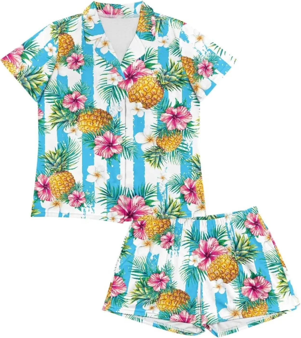 Womens Pajama Sets 2 Piece Notch Collar Print Sleepwear Short Sleeve Top with Matching Shorts Lounge Sets