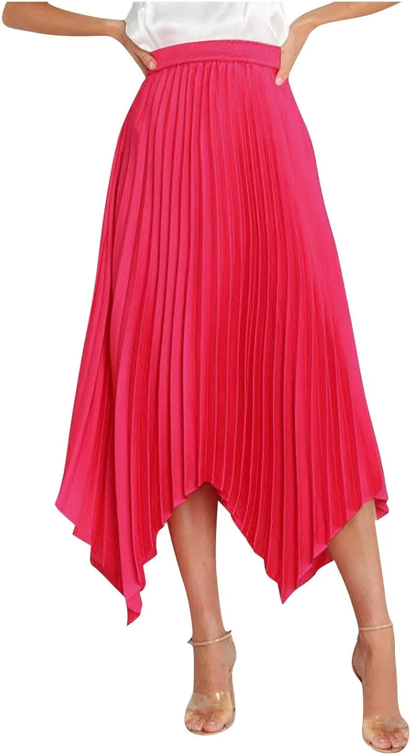 Women's Pleated Midi Long Skirt High Waisted Irregular Hem Solid Summer A-line Swing Flowy Skirts