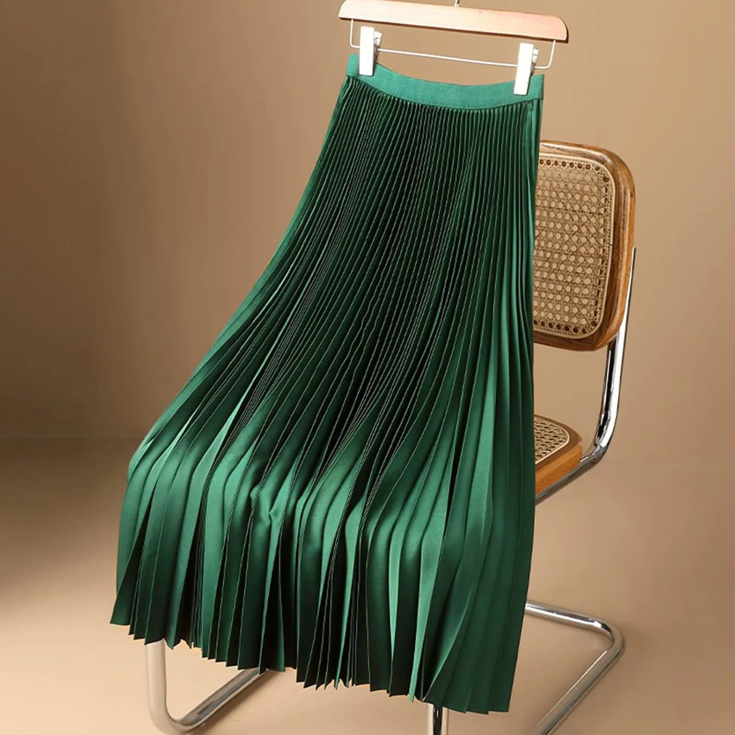 Womens Skirt Midi Long Pleated Skirts Solid Color Satin High Waisted A Line Swings Skirts for Women