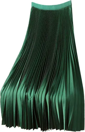 Womens Skirt Midi Long Pleated Skirts Solid Color Satin High Waisted A Line Swings Skirts for Women