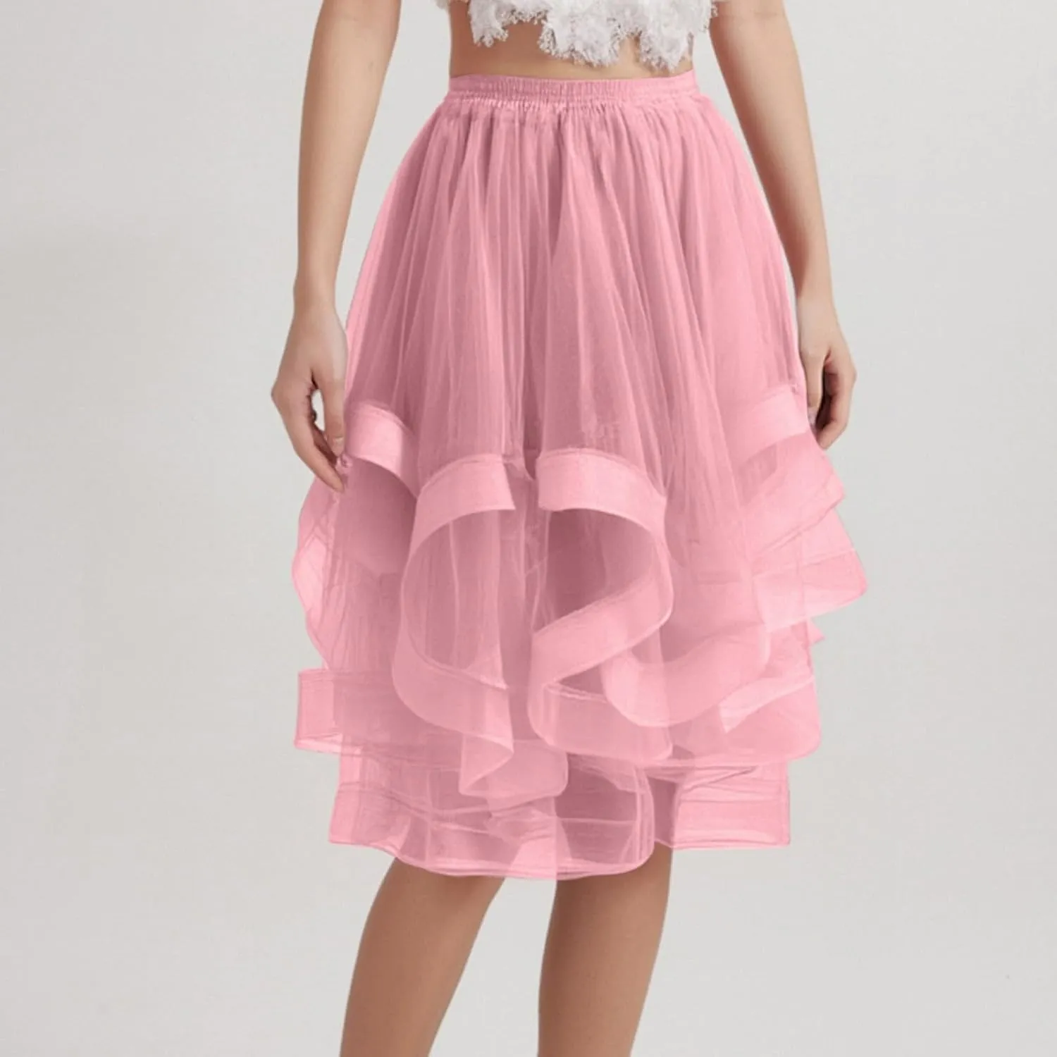 Women's Summer Casual Loose Trendy Elastic High Waist Solid Color Fluffy Mesh Party Latin Dance Flowy Skirts 2025, S-XL