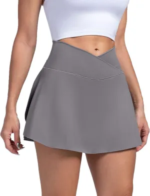 Womens Tennis Skirts with Shorts Cross Elastic High Waisted Tummy Control Golf Skort Gym Workout Skirts with Pocket
