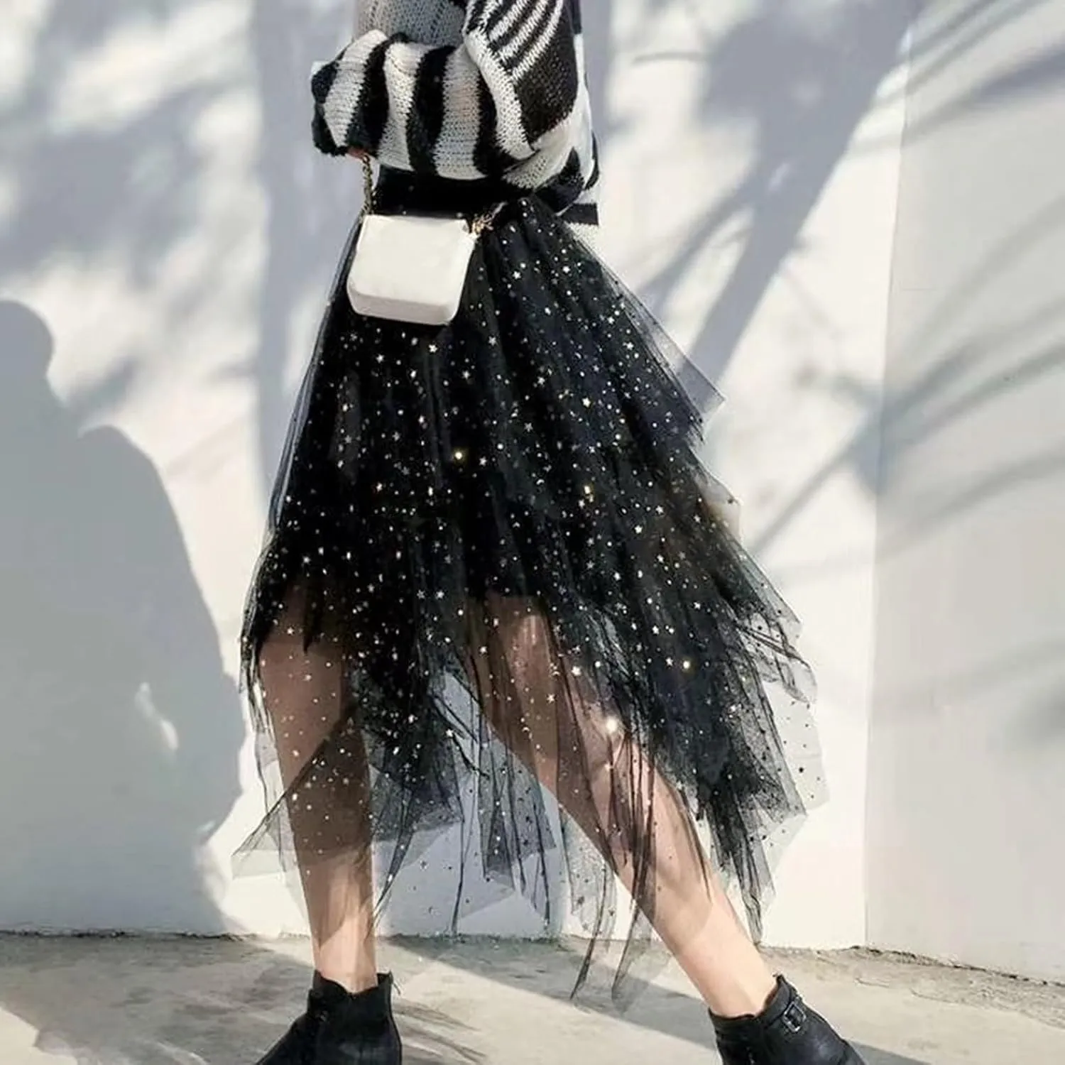 Womens Tulle Skirts Midi Elastic High Waist Pleated Mesh Flowy A-Line Party Long Tutu Skirts Asymmetrical Midi Length