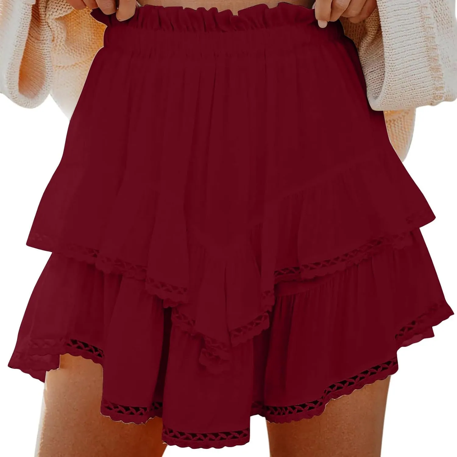 Women's Work Skirts Elegant Layered Ruffle Office Skirt High Waisted Solid Color Flowy Short Skirts Patchwork Skirt