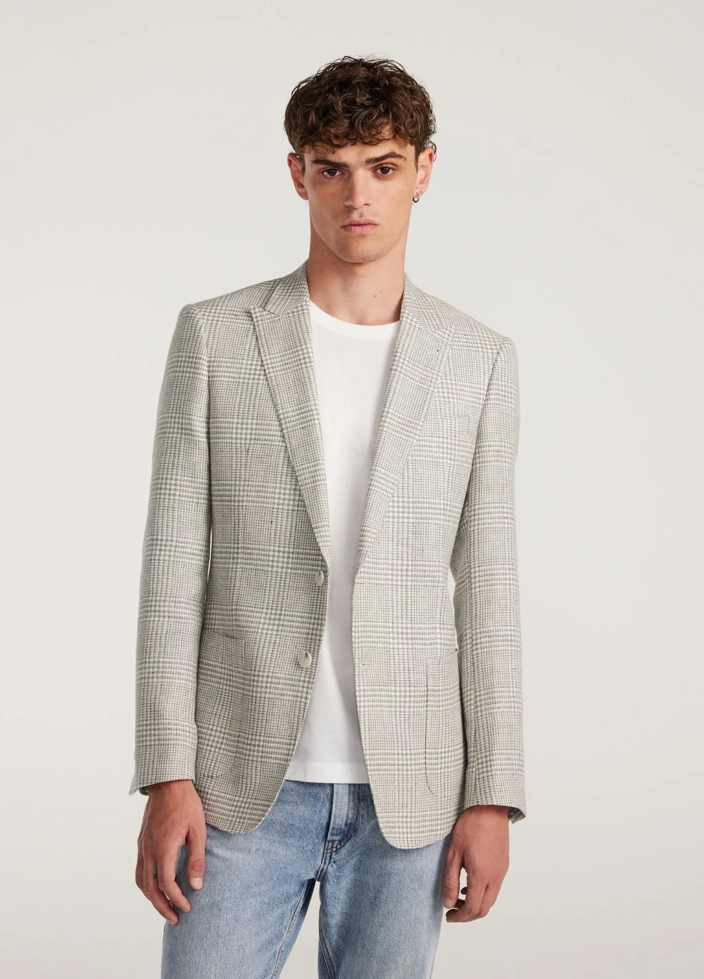 Wool Linen Check Blazer Silver
